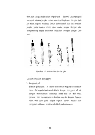 mm, dan jangka kecil untuk lingkaran 5 – 30 mm. Disamping itu
terdapat sebuah jangka untuk membuat lingkaran dengan jari-
jari kecil, seperti misalnya untuk pembulatan. Ada dua macam
jangka yaitu jangka orleon dan jangka pegas. Dengan alat
penyambung dapat dihasilkan lingkaran dengan jari-jari 250
mm.




          Gambar 12. Macam-Macam Jangka


Macam-macam penggaris

1. Penggaris –T
   Sebuah penggaris – T terdiri dari sebuah kepala dan sebuah
  daun. Garis-garis horizontal ditarik dengan penggaris –T ini,
  dengan menekankan kepalanya pada tepi kiri dari meja
  gambar, dan menggesernya keatas atau ke bawah. Supaya
  hasil dari garis-garis dapat sejajar benar, kepala dari
  penggaris ini harus betul-betul diikat pada daunnya.




                         24
 