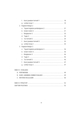 f.   Kunci jawaban formatif 1 ..................................................... 18
             g. Lembar kerja 1 .................................................................... 19
         2. Kegiatan Belajar 2
             a. Tujuan kegiatan pembelajaran 2............................................ 21
             b. Uraian materi 2 ................................................................... 21
             c. Rangkuman 2 ..................................................................... 33
             d. Tugas 2 .............................................................................. 34
             e. Tes formatif 2 ..................................................................... 34
             f.   Kunci jawaban formatif 2 ..................................................... 35
             g. Lembar kerja 2 .................................................................... 35
         3. Kegiatan Belajar 3
             a. Tujuan kegiatan pembelajaran 3............................................ 36
             b. Uraian materi 3 .................................................................... 36
             c. Rangkuman 3 ..................................................................... 46
             d. Tugas 3 .............................................................................. 46
             e. Tes formatif 3 ..................................................................... 46
             f.   Kunci jawaban formatif 3 ..................................................... 47
             g. Lembar kerja 3 .................................................................... 47


BAB III. EVALUASI
    A. PERTANYAAN ............................................................................... 49
    B. KUNCI JAWABAN LEMBAR EVALUASI ............................................... 49
    C. KRITERIA KELULUSAN .................................................................... 50


BAB IV. PENUTUP................................................................................... 52
DAFTAR PUSTAKA ................................................................................ 53




                                                     iv
 