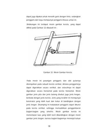 dapat juga dipakai untuk menarik garis dengan tinta, sedangkan
penggaris dari kayu mempunyai penggaris khusus untuk ini.

Belakangan ini terdapat mesin gambar kereta, yang dapat
dilihat pada Gambar 22 dibawah ini :




                   Gambar 22. Mesin Gambar Kereta.



Pada mesin ini pasangan penggaris dan alat putarnya
ditempatkan pada sebuah kereta vertikal, dimana penggarisnya
dapat digerakkan secara vertikal, dan seluruhnya ini dapat
digerakkan secara horizontal pada kereta horizontal. Mesin
gambar jenis pita dan jenis batang disebut juga jenis lengan,
berbeda dengan jenis kereta. Jenis yang terakhir ini mempunyai
konstruksi yang lebih kuat dan kekar di bandingkan dengan
jenis lengan. Disamping ini kedudukan penggaris dapat dikunci
pada kereta vertikal, sehingga memudahkan penggambaran
bagian-bagian   yang   simetris.   Mesin   gambar   kereta   ini
memerlukan luas yang lebih kecil dibandingkan dengan mesin
gambar jenis lengan, karena bagian-bagiannya menonjol keluar



                         32
 