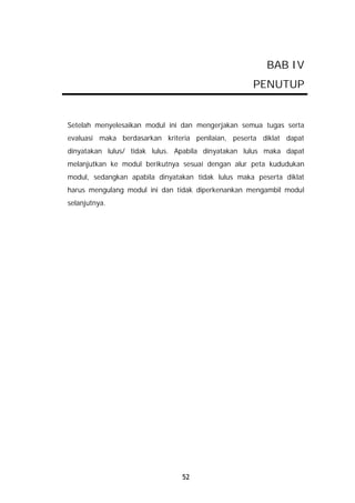 BAB IV
                                                    PENUTUP


Setelah menyelesaikan modul ini dan mengerjakan semua tugas serta
evaluasi maka berdasarkan kriteria penilaian, peserta diklat dapat
dinyatakan lulus/ tidak lulus. Apabila dinyatakan lulus maka dapat
melanjutkan ke modul berikutnya sesuai dengan alur peta kududukan
modul, sedangkan apabila dinyatakan tidak lulus maka peserta diklat
harus mengulang modul ini dan tidak diperkenankan mengambil modul
selanjutnya.




                                52
 
