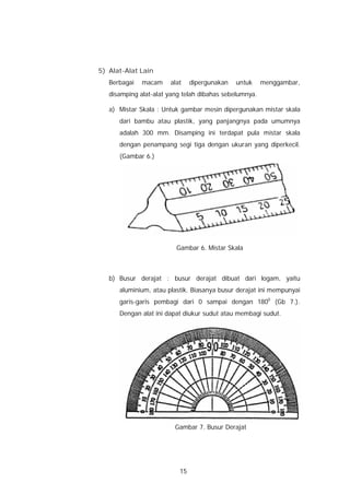5) Alat-Alat Lain
   Berbagai   macam    alat    dipergunakan   untuk     menggambar,
   disamping alat-alat yang telah dibahas sebelumnya.

   a) Mistar Skala : Untuk gambar mesin dipergunakan mistar skala
      dari bambu atau plastik, yang panjangnya pada umumnya
      adalah 300 mm. Disamping ini terdapat pula mistar skala
      dengan penampang segi tiga dengan ukuran yang diperkecil.
      (Gambar 6.)




                         Gambar 6. Mistar Skala



   b) Busur derajat : busur derajat dibuat dari logam, yaitu
      aluminium, atau plastik. Biasanya busur derajat ini mempunyai
      garis-garis pembagi dari 0 sampai dengan 1800 (Gb 7.).
      Dengan alat ini dapat diukur sudut atau membagi sudut.




                         Gambar 7. Busur Derajat




                          15
 