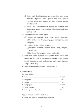 a) Kertas putih (manila/padalarang), kertas sketsa dan kertas
           milimeter, digunakan untuk gambar tata letak, gambar
           rangkaian listrik, atau gambar lain yang digambar dengan
           pensil atau tinta.
      b) Kertas kalkir : digunakan untuk gambar asli, yang kemudian
           dapat dibuat gambar cetak biru (blue print) atau cetak kontak
           (contact print)
  2) Identifikasi peralatan gambar teknik:
      a) Peralatan Konvensional: pensil, pena, jangka, penggaris,
           sablon (mal), busur derajat, penghapus, mesin gambar, dan
           sebagainya.
      b) Peralatan gambar berbasis komputer
           (1) Software: corelldraw, AutoCad, ORCAD, EWB, Designer,
                Protel, dsb.
           (2) Hardware: Unit computer, printer, plotter, dsb.
  3) Pembuatan bentuk lingkaran untuk gambar teknik elektro dan
      elektronika lebih efektif menggunakan jangka karena ukuran
      bentuk lingkarannya relatif kecil sehingga lebih mudah digambar
      dengan sablon (mal).
  4) Menggunakan sablon/ mal seperti pada Gambar 5.


g. Lembar Kerja 1
  Alat dan Bahan:
  1) Pensil ..................................................................   1 buah
  2) Penggaris .............................................................     1 set
  3) Jangka .................................................................    1 set
  4) Penghapus ............................................................      1 buah
  5) Sablon simbol .......................................................       1 set
  6) Kertas gambar ukuran A4 .......................................             1 lembar


  Kesehatan dan Keselamatan Kerja:
  1) Berdo’alah sebelum memulai kegiatan belajar!




                                        20
 