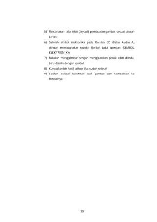 5) Rencanakan tata letak (layout) pembuatan gambar sesuai ukuran
   kertas!
6) Salinlah simbol elektronika pada Gambar 20 diatas kertas A3
   dengan menggunakan rapido! Berilah judul gambar: SIMBOL
   ELEKTRONIKA
7) Mulailah menggambar dengan menggunakan pensil lebih dahulu,
   baru disalin dengan rapido!
8) Kumpulkanlah hasil latihan jika sudah selesai!
9) Setelah selesai bersihkan alat gambar dan kembalikan ke
   tempatnya!




                            30
 