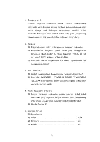 c. Rangkuman 3
   Gambar       rangkaian        elektronika       adalah      susunan           simbol-simbol
   elektronika yang digambar dengan bantuan garis penghubung antar
   simbol sebagai tanda hubungan simbol-simbol tersebut. Untuk
   menandai hubungan antar simbol dalam satu garis penghubung
   digunakan simbol titik yang ditebalkan pada garis penghubung.


d. Tugas 3
   1) Pelajarilah uraian materi tentang gambar rangkaian elektronika
   2) Rencanakanlah rangkaian power suplly yang menggunakan
       komponen 4 buah dioda 1 A, 2 buah kapasitor 4700 µF/ 25 volt
       dan trafo 1 A/CT ! (keluaran +12V/ 0V/-12V)
   3) Gambarlah rencana rangkaian di soal nomer 2 pada kertas A4
       menggunakan rapido!


e. Tes Formatif 3
   1) Apakah yang dimaksud dengan gambar rangkaian elektronika ?
   2) Gambarlah RANGKAIAN                    PENYEARAH DENGAN STABILISATOR
       TEGANGAN seperti gambar dalam uraian materi pada kertas kalkir
       ukuran A4 dengan rapido!


f. Kunci Jawaban Formatif 3
   1) Gambar rangkaian elektronika adalah susunan simbol-simbol
       elektronika yang digambar dengan bantuan garis penghubung
       antar simbol sebagai tanda hubungan simbol-simbol tersebut
   2) Lihatlah Gambar 21.


g. Lembar Kerja 3
   Alat dan Bahan :
   1) Pensil .................................................................... 1 buah
   2) Penggaris .............................................................      1 set
   3) Rapido .................................................................     1 set




                                        34
 