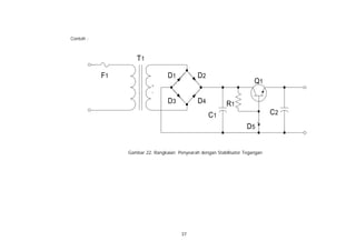 Contoh :



                   T1

           F1                    D1           D2
                          +
                                                                       Q1
                          -

                                 D3           D4           R1
                                                   C1                         C2
                                                                    D5


                Gambar 22. Rangkaian Penyearah dengan Stabilisator Tegangan




                                       37
 