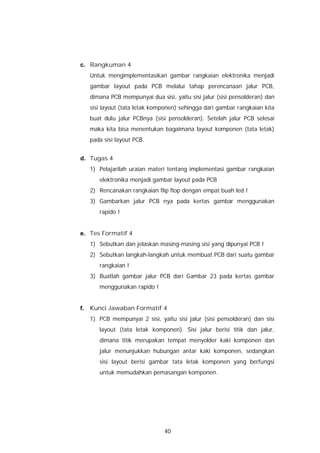 c. Rangkuman 4
     Untuk mengimplementasikan gambar rangkaian elektronika menjadi
     gambar layout pada PCB melalui tahap perencanaan jalur PCB,
     dimana PCB mempunyai dua sisi, yaitu sisi jalur (sisi pensolderan) dan
     sisi layout (tata letak komponen) sehingga dari gambar rangkaian kita
     buat dulu jalur PCBnya (sisi pensolderan). Setelah jalur PCB selesai
     maka kita bisa menentukan bagaimana layout komponen (tata letak)
     pada sisi layout PCB.


d. Tugas 4
     1) Pelajarilah uraian materi tentang implementasi gambar rangkaian
        elektronika menjadi gambar layout pada PCB
     2) Rencanakan rangkaian flip flop dengan empat buah led !
     3) Gambarkan jalur PCB nya pada kertas gambar menggunakan
        rapido !


e. Tes Formatif 4
     1) Sebutkan dan jelaskan masing-masing sisi yang dipunyai PCB !
     2) Sebutkan langkah-langkah untuk membuat PCB dari suatu gambar
        rangkaian !
     3) Buatlah gambar jalur PCB dari Gambar 23 pada kertas gambar
        menggunakan rapido !


f.   Kunci Jawaban Formatif 4
     1) PCB mempunyai 2 sisi, yaitu sisi jalur (sisi pensolderan) dan sisi
        layout (tata letak komponen). Sisi jalur berisi titik dan jalur,
        dimana titik merupakan tempat menyolder kaki komponen dan
        jalur menunjukkan hubungan antar kaki komponen, sedangkan
        sisi layout berisi gambar tata letak komponen yang berfungsi
        untuk memudahkan pemasangan komponen.




                                 40
 