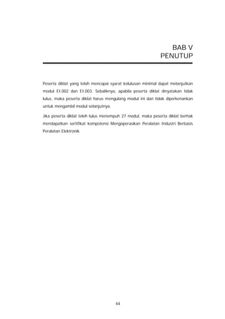 BAB V
                                                            PENUTUP


Peserta diklat yang telah mencapai syarat kelulusan minimal dapat melanjutkan
modul EI.002 dan EI.003. Sebaliknya, apabila peserta diklat dinyatakan tidak
lulus, maka peserta diklat harus mengulang modul ini dan tidak diperkenankan
untuk mengambil modul selanjutnya.

Jika peserta diklat teleh lulus menempuh 27 modul, maka peserta diklat berhak
mendapatkan sertifikat kompotensi Mengoperasikan Peralatan Industri Berbasis
Peralatan Elektronik




                                     44
 