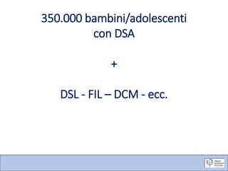 350.000 bambini/adolescenti
con DSA
+
DSL - FIL – DCM - ecc.
Lauro Mengheri
 
