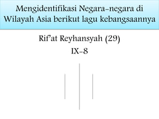 Rif’at Reyhansyah (29)
IX-8
Mengidentifikasi Negara-negara di
Wilayah Asia berikut lagu kebangsaannya
 