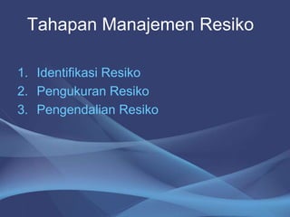 1. Identifikasi Resiko
2. Pengukuran Resiko
3. Pengendalian Resiko
Tahapan Manajemen Resiko
 
