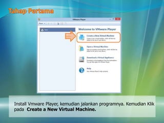 Install Vmware Player, kemudian jalankan programnya. Kemudian Klik
pada Create a New Virtual Machine.
 