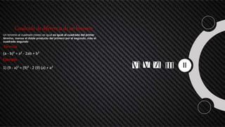 Cuadrado de diferencia de un binomio
Un binomio al cuadrado (resta) es igual es igual al cuadrado del primer
término, menos el doble producto del primero por el segundo, más el
cuadrado segundo
fórmula
(a - b)² = a² - 2ab + b²
Ejemplo
1) (9 - a)² = (9)² - 2 (9) (a) + a²
 