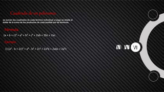 Cuadrado de un polinomio
se suman los cuadrados de cada término individual y luego se añade el
doble de la suma de los productos de cada posible par de términos.
Fórmula
(a + b + c)² = a² + b² + c² + 2ab + 2bc + 2ac
Ejemplo
1) (a² - b + 2c)² = a⁴ - b² + 2c² + 2a²b + 2abc + 2a²c
 