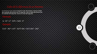 Cubo de la diferencia de un binomio
Un binomio al cubo (resta) es igual al cubo del primero, menos el triple
del cuadrado del primero por el segundo, más el triple del primero por
el cuadrado del segundo, menos el cubo del segundo.
Fórmula
(a - b)³ = a³ - 3a²b + 3ab2 - b³
1) (a² - 3b)³ = (a²)³ - 3(a²)² (3b) + 3(a²) (3b)² - (3b)³
Ejemplo
 