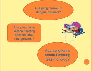 Apa yang dimaksud
dengan evaluasi?
Apa yang kamu
ketahui tentang
konversi atau
mengonversi?
Apa yang kamu
ketahui tentang
teks monolog?
 