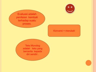Evaluasi adalah
penilaian kembali
terhadap suatu
proses.
Konversi = merubah
Teks Monolog
adalah teks yang
bercerita kepada
diri sendiri .
 
