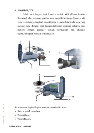 TP4 SMK NEGERI 1 PUNGGING
October23,2013
8. RECORDER/VCR
Salah satu bagian dari kamera adalah VCR (Video Casette
Recorder) alat perekam gambar dan suara.Di beberapa kamera ada
yang recordernya terpisah seperti jenis U-matic.Tetapi ada juga yang
menjadi satu dengan bodi kamera.Kelebihan menjadi satunya bodi
kamera dengan recorder adalah keringanan dan efisiensi
waktu.Pekerjaan menjadi lebih mudah.
Secara umum bagian-bagian kamera video terdiri atas :
a. Baterai untuk catu daya
b. Tempat kaset
c. Tombol Zoom
 