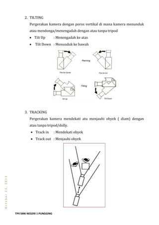 TP4 SMK NEGERI 1 PUNGGING
October23,2013
2. TILTING
Pergerakan kamera dengan poros vertikal di mana kamera menunduk
atau mendonga/menengadah dengan atau tanpa tripod
 Tilt Up : Menengadah ke atas
 Tilt Down : Menunduk ke bawah
3. TRACKING
Pergerakan kamera mendekati atu menjauhi obyek ( diam) dengan
atau tanpa tripod/dolly.
 Track in : Mendekati obyek
 Track out : Menjauhi obyek
 