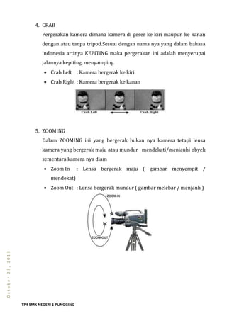 TP4 SMK NEGERI 1 PUNGGING
October23,2013
4. CRAB
Pergerakan kamera dimana kamera di geser ke kiri maupun ke kanan
dengan atau tanpa tripod.Sesuai dengan nama nya yang dalam bahasa
indonesia artinya KEPITING maka pergerakan ini adalah menyerupai
jalannya kepiting, menyamping.
 Crab Left : Kamera bergerak ke kiri
 Crab Right : Kamera bergerak ke kanan
5. ZOOMING
Dalam ZOOMING ini yang bergerak bukan nya kamera tetapi lensa
kamera yang bergerak maju atau mundur mendekati/menjauhi obyek
sementara kamera nya diam
 Zoom In : Lensa bergerak maju ( gambar menyempit /
mendekat)
 Zoom Out : Lensa bergerak mundur ( gambar melebar / menjauh )
 