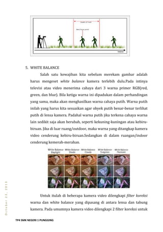 TP4 SMK NEGERI 1 PUNGGING
October23,2013
5. WHITE BALANCE
Salah satu kewajiban kita sebelum merekam gambar adalah
harus mengeset white balance kamera terlebih dulu.Pada intinya
televisi atau video menerima cahaya dari 3 warna primer RGB(red,
green, dan blue). Bila ketiga warna ini dipadukan dalam perbandingan
yang sama, maka akan menghasilkan warna cahaya putih. Warna putih
inilah yang harus kita sesuaikan agar obyek putih benar-benar terlihat
putih di lensa kamera. Padahal warna putih jika terkena cahaya warna
lain sedikit saja akan berubah, seperti kekuning-kuningan atau kebiru-
biruan. Jika di luar ruang/outdoor, maka warna yang ditangkap kamera
video cenderung kebiru-biruan.Sedangkan di dalam ruangan/indoor
cenderung kemerah-merahan.
Untuk itulah di beberapa kamera video dilengkapi filter koreksi
warna dan white balance yang dipasang di antara lensa dan tabung
kamera. Pada umumnya kamera video dilengkapi 2 filter koreksi untuk
 
