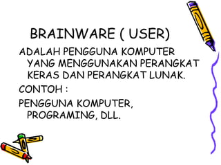 BRAINWARE ( USER)
ADALAH PENGGUNA KOMPUTER
  YANG MENGGUNAKAN PERANGKAT
  KERAS DAN PERANGKAT LUNAK.
CONTOH :
PENGGUNA KOMPUTER,
  PROGRAMING, DLL.
 
