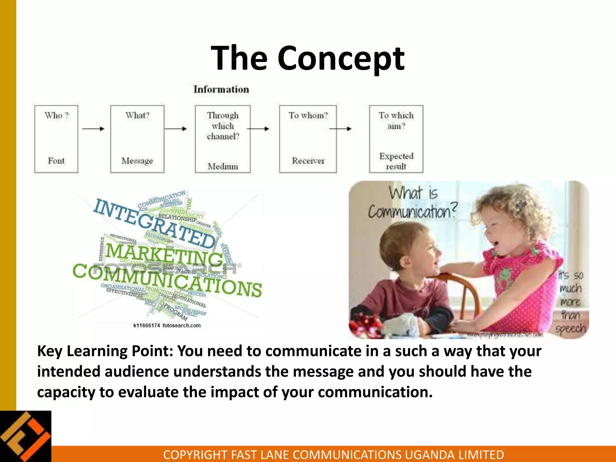 COPYRIGHT FAST LANE COMMUNICATIONS UGANDA LIMITED
The Concept
Key Learning Point: You need to communicate in a such a way that your
intended audience understands the message and you should have the
capacity to evaluate the impact of your communication.
 