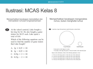 Ilustrasi: MCAS Kelas 8
Memperhatikan kecakapan memodelkan dan
menciptakan rumusan fungsi/persamaan
Memperhatikan kecakapan menganalisis
rumus, bukan menghafal rumus
@iwanpranoto © 2014
 