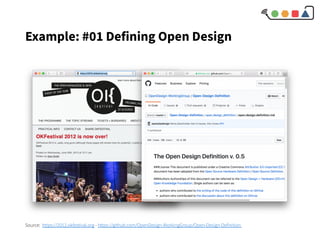 Example: #01 Defining Open Design
Source: https://2012.okfestival.org - https://github.com/OpenDesign-WorkingGroup/Open-Design-Definition
 