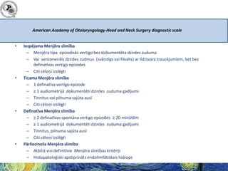 American Academy of Otolaryngology-Head and Neck Surgery diagnostic scale
•

•

•

•

Iespējama Menjēra slimība
– Menjēra tipa epizodisks vertigo bez dokumentēta dzirdes zuduma
– Vai sensoneirāls dzirdes zudmus (svārstīgs vai fiksēts) ar līdzsvara traucējumiem, bet bez
definatīvas vertigo epizodes
– Citi cēloņi izslēgti
Ticama Menjēra slimība
– 1 definatīva vertigo epizode
– ≥ 1 audiometrijā dokumentēti dzirdes zuduma gadījumi
– Tinnitus vai pilnuma sajūta ausī
– Citi cēloņi izslēgti
Definatīva Menjēra slimība
– ≥ 2 definatīvas spontāna vertigo epizodes ≥ 20 minūtēm
– ≥ 1 audiometrijā dokumentēti dzirdes zuduma gadījumi
– Tinnitus, pilnuma sajūta ausī
– Citi cēloņi izslēgti
Pārliecinoša Menjēra slimība
– Atbilst visi definitīvie Menjēra slimības kritēriji
– Histopatoloģiski apstiprināts endolimfātiskais hidrops

 