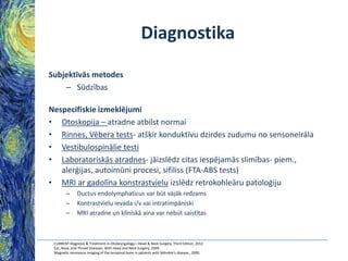 Diagnostika
Subjektīvās metodes
– Sūdzības
Nespecifiskie izmeklējumi
• Otoskopija – atradne atbilst normai
• Rinnes, Vēbera tests- atšķir konduktīvu dzirdes zudumu no sensoneirāla
• Vestibulospinālie testi
• Laboratoriskās atradnes- jāizslēdz citas iespējamās slimības- piem.,
alerģijas, autoimūni procesi, sifiliss (FTA-ABS tests)
• MRI ar gadolīna konstrastvielu izslēdz retrokohleāru patoloģiju
–
–
–

Ductus endolymphaticus var būt vājāk redzams
Kontrastvielu ievada i/v vai intratimpāniski
MRI atradne un klīniskā aina var nebūt saistītas

CURRENT Diagnosis & Treatment in Otolaryngology—Head & Neck Surgery, Third Edition, 2012
Ear, Nose, and Throat Diseases: With Head and Neck Surgery, 2009
Magnetic resonance imaging of the temporal bone in patients with Ménière's disease., 2000.

 