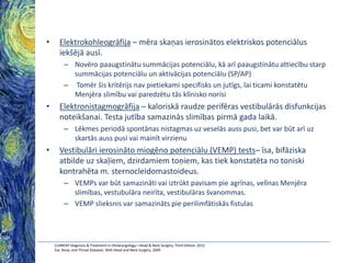 •

Elektrokohleogrāfija – mēra skaņas ierosinātos elektriskos potenciālus
iekšējā ausī.
– Novēro paaugstinātu summācijas potenciālu, kā arī paaugstinātu attiecību starp
summācijas potenciālu un aktivācijas potenciālu (SP/AP)
– Tomēr šis kritērijs nav pietiekami specifisks un jutīgs, lai ticami konstatētu
Menjēra slimību vai paredzētu tās klīnisko norisi

•

Elektronistagmogrāfija – kaloriskā raudze perifēras vestibulārās disfunkcijas
noteikšanai. Testa jutība samazinās slimības pirmā gada laikā.
– Lēkmes periodā spontānas nistagmas uz veselās auss pusi, bet var būt arī uz
skartās auss pusi vai mainīt virzienu

•

Vestibulāri ierosināto miogēno potenciālu (VEMP) tests– īsa, bifāziska
atbilde uz skaļiem, dzirdamiem toņiem, kas tiek konstatēta no toniski
kontrahēta m. sternocleidomastoideus.
– VEMPs var būt samazināti vai iztrūkt pavisam pie agrīnas, velīnas Menjēra
slimības, vestubulāra neirīta, vestibulāras švanommas.
– VEMP slieksnis var samazināts pie perilimfātiskās fistulas

CURRENT Diagnosis & Treatment in Otolaryngology—Head & Neck Surgery, Third Edition, 2012
Ear, Nose, and Throat Diseases: With Head and Neck Surgery, 2009

 