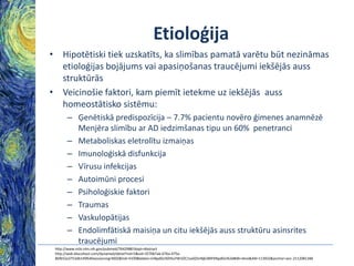 Etioloģija
• Hipotētiski tiek uzskatīts, ka slimības pamatā varētu būt nezināmas
etioloģijas bojājums vai apasiņošanas traucējumi iekšējās auss
struktūrās
• Veicinošie faktori, kam piemīt ietekme uz iekšējās auss
homeostātisko sistēmu:
– Ģenētiskā predispozīcija – 7.7% pacientu novēro ģimenes anamnēzē
Menjēra slimību ar AD iedzimšanas tipu un 60% penetranci
– Metaboliskas eletrolītu izmaiņas
– Imunoloģiskā disfunkcija
– Vīrusu infekcijas
– Autoimūni procesi
– Psiholoģiskie faktori
– Traumas
– Vaskulopātijas
– Endolimfātiskā maisiņa un citu iekšējās auss struktūru asinsrites
traucējumi
http://www.ncbi.nlm.nih.gov/pubmed/7642988?dopt=Abstract
http://web.ebscohost.com/dynamed/detail?vid=5&sid=357067ab-67ba-475a8bfb52a3753db149%40sessionmgr4002&hid=4109&bdata=JnNpdGU9ZHluYW1lZC1saXZlJnNjb3BlPXNpdGU%3d#db=dme&AN=113932&anchor=anc-2112081348

 