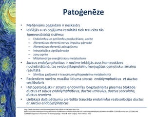 Patoģenēze
•
•

Mehānisms pagaidām ir neskaidrs
Iekšējās auss bojājuma rezultātā tiek traucēta tās
homeostātiskā sistēma:
–
–
–
–
–
–

•

Endolimfas un perilimfas producēšana, aprite
Aferentā un eferentā nervu impulsu pārvade
Aferentā un eferentā asinsplūsma
Intracelulāra signālpārvade
Jonu aprite
Mitohondriju enerģētiskais metabolisms

Saccus endolymphaticus ir nozīme iekšējās auss homeostāzes
nodrošināšanā, tas veido glikoproteīnu konjugātus osmotisku izmaiņu
rezultātā
– Slimības gadījumā ir traucējumi glikoproteīnu metabolismā

•
•
•

Pacientiem novēro mazāka lieluma saccus endolymphaticus et ductus
vestibularis
Histopatoloģiski ir atrasta endolimfas longitudinālās plūsmas blokāde
ductus et sinuss endolymphaticus, ductus utriculus, ductus saccularis,
ductus reuniens
Lielākajā daļā pētījumu pierādīta traucēta endolimfas reabsorbcijas ductus
et saccus endolymphaticus
http://web.ebscohost.com/dynamed/detail?vid=5&sid=357067ab-67ba-475a8bfb52a3753db149%40sessionmgr4002&hid=4109&bdata=JnNpdGU9ZHluYW1lZC1saXZlJnNjb3BlPXNpdGU%3d#db=dme&AN=113932&anchor=anc-2112081348
CURRENT Diagnosis & Treatment in Otolaryngology—Head & Neck Surgery, Third Edition, 2012

 