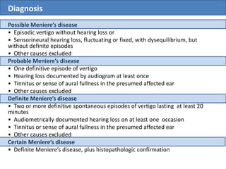 Diagnosis
Possible Meniere’s disease
• Episodic vertigo without hearing loss or
• Sensorineural hearing loss, fluctuating or fixed, with dysequilibrium, but
without definite episodes
• Other causes excluded
Probable Meniere’s disease
• One definitive episode of vertigo
• Hearing loss documented by audiogram at least once
• Tinnitus or sense of aural fullness in the presumed affected ear
• Other causes excluded
Definite Meniere’s disease
• Two or more definitive spontaneous episodes of vertigo lasting at least 20
minutes
• Audiometrically documented hearing loss on at least one occasion
• Tinnitus or sense of aural fullness in the presumed affected ear
• Other causes excluded
Certain Meniere’s disease
• Definite Meniere’s disease, plus histopathologic confirmation
 