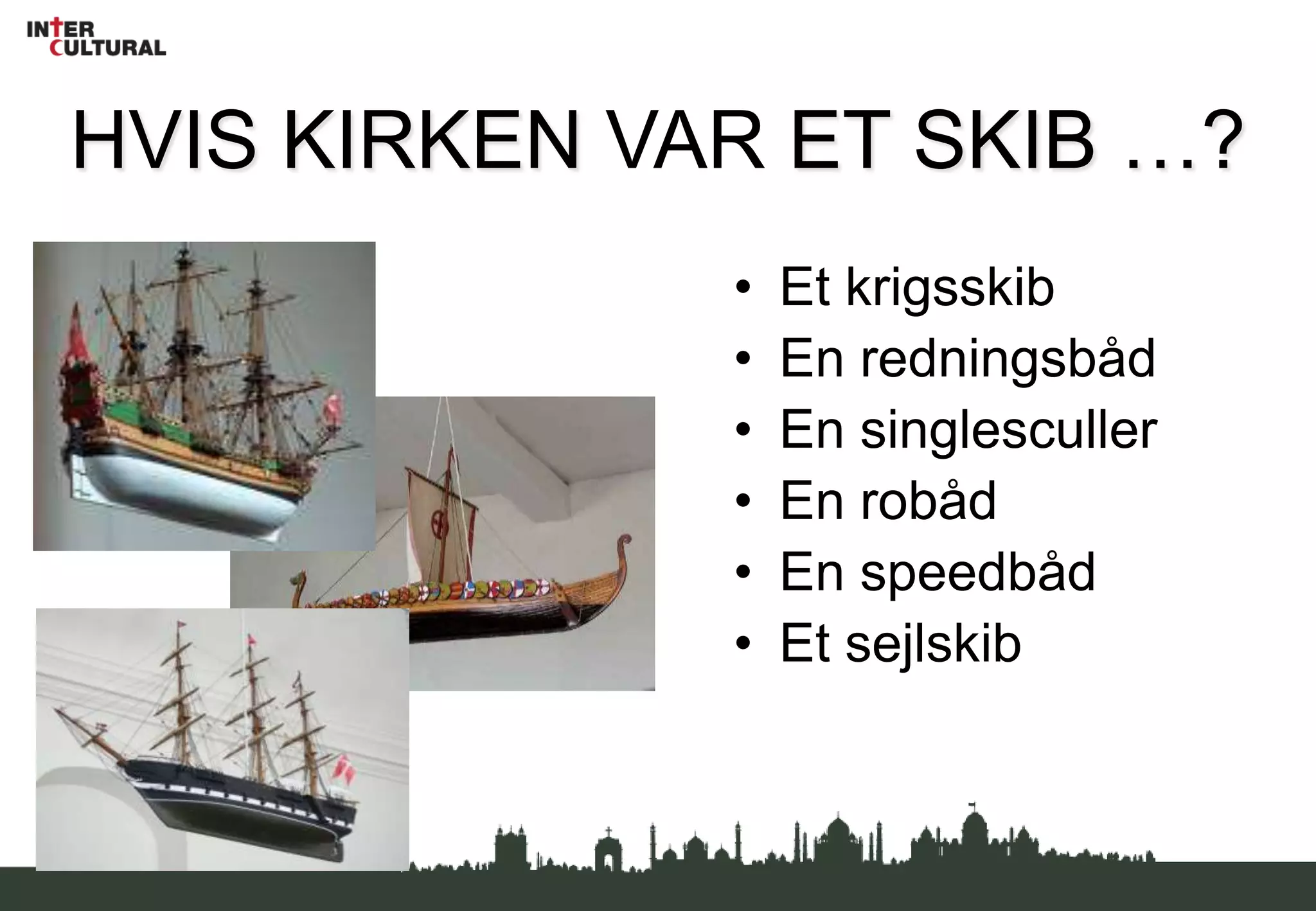 HVIS KIRKEN VAR ET SKIB …?Et krigsskibEn redningsbådEn singlescullerEn robådEn speedbådEt sejlskib