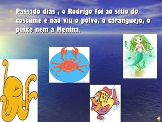 Passado dias , o Rodrigo foi ao sitio do costume e não viu o polvo, o caranguejo, o peixe nem a Menina .  