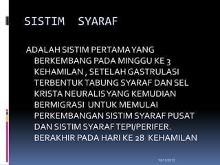 10/13/2015
SISTIM SYARAF
ADALAH SISTIM PERTAMAYANG
BERKEMBANG PADA MINGGU KE 3
KEHAMILAN , SETELAH GASTRULASI
TERBENTUKTABUNG SYARAF DAN SEL
KRISTA NEURALISYANG KEMUDIAN
BERMIGRASI UNTUK MEMULAI
PERKEMBANGAN SISTIM SYARAF PUSAT
DAN SISTIM SYARAFTEPI/PERIFER.
BERAKHIR PADA HARI KE 28 KEHAMILAN
 