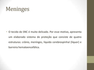 Meninges

• O tecido do SNC é muito delicado. Por esse motivo, apresenta
um elaborado sistema de proteção que consiste de quatro
estruturas: crânio, menínges, líquido cerebrospinhal (líquor) e
barreira hematoencefálica.

 