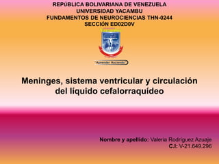 REPÚBLICA BOLIVARIANA DE VENEZUELA
UNIVERSIDAD YACAMBU
FUNDAMENTOS DE NEUROCIENCIAS THN-0244
SECCIÓN ED02D0V
Meninges, sistema ventricular y circulación
del líquido cefalorraquídeo
Nombre y apellido: Valeria Rodríguez Azuaje
C.I: V-21.649.296
 