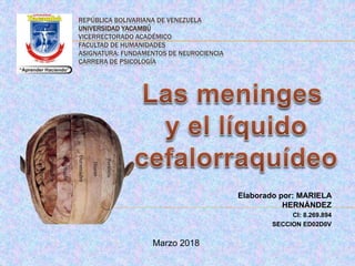 REPÚBLICA BOLIVARIANA DE VENEZUELA
UNIVERSIDAD YACAMBÚ
VICERRECTORADO ACADÉMICO
FACULTAD DE HUMANIDADES
ASIGNATURA: FUNDAMENTOS DE NEUROCIENCIA
CARRERA DE PSICOLOGÍA
Elaborado por: MARIELA
HERNÁNDEZ
CI: 8.269.894
SECCION ED02D0V
Marzo 2018
 