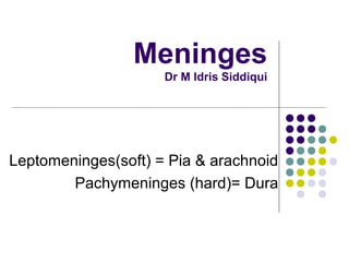 Leptomeninges(soft) = Pia & arachnoid
Pachymeninges (hard)= Dura
Meninges
Dr M Idris Siddiqui
 