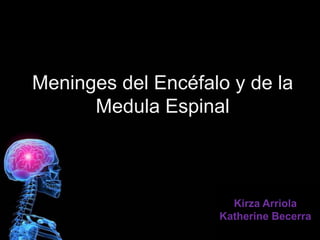 Meninges del Encéfalo y de la
      Medula Espinal



                      Kirza Arriola
                    Katherine Becerra
 