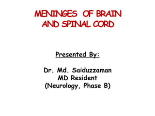 MENINGES OF BRAIN
AND SPINAL CORD
Presented By:
Dr. Md. Saiduzzaman
MD Resident
(Neurology, Phase B)
 