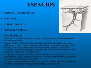 ESPACIOS
•

EPIDURAL o EXTRADURAL

•

SUBDURAL

•

SUBARACNOIDEO

•

CRANEAL Y ESPINAL

•
•

IMPORTANCIA:
Las capas de la duramadre dan origen a compartimientos virtuales fuentes de
distintas patologias,
espacio epidural fuera de la duramadre, aunque la duramadre tiene a ser
adherente al craneo cuando hay rotura de una arteria como la meningea media
se produce un sangraminto arterial violento que da lugar a un hematoma
extradural, que produce un rapido deterioro del individuo que lo lleva al coma,
porque son hematomas de alta presión.
Si hay un traumatismo, las venas puente son venas que van desde la corteza a
la duramadre, y si se rompen se producira un hematomas subdural, que son de
evolución mas lenta pero igual grave
El espacio subracnoidea esta lleno de LCR pero cuando hay una rotura de un
aneurisma cerebral se produce una hemorraga subaracnoidea.

•

•
•

 