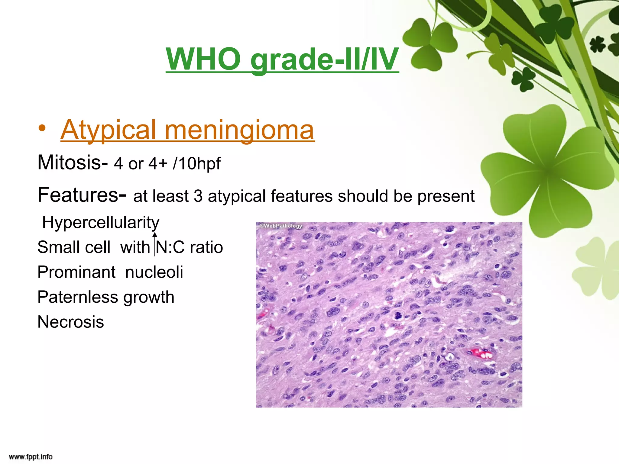 WHO grade-II/IV
• Atypical meningioma
Mitosis- 4 or 4+ /10hpf
Features- at least 3 atypical features should be present
Hypercellularity
Small cell with N:C ratio
Prominant nucleoli
Paternless growth
Necrosis