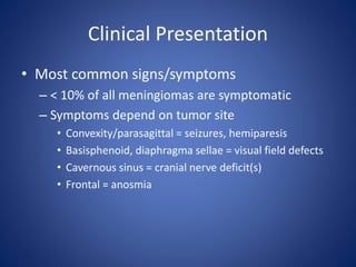 Clinical Presentation
• Most common signs/symptoms
– < 10% of all meningiomas are symptomatic
– Symptoms depend on tumor site
• Convexity/parasagittal = seizures, hemiparesis
• Basisphenoid, diaphragma sellae = visual field defects
• Cavernous sinus = cranial nerve deficit(s)
• Frontal = anosmia
 