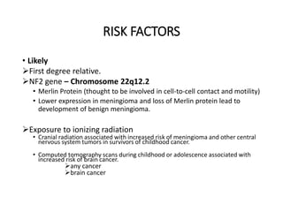 RISK FACTORS
• Likely
First degree relative.
NF2 gene – Chromosome 22q12.2
• Merlin Protein (thought to be involved in cell-to-cell contact and motility)
• Lower expression in meningioma and loss of Merlin protein lead to
development of benign meningioma.
Exposure to ionizing radiation
• Cranial radiation associated with increased risk of meningioma and other central
nervous system tumors in survivors of childhood cancer.
• Computed tomography scans during childhood or adolescence associated with
increased risk of brain cancer.
any cancer
brain cancer
 