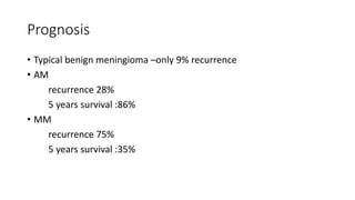 Prognosis
• Typical benign meningioma –only 9% recurrence
• AM
recurrence 28%
5 years survival :86%
• MM
recurrence 75%
5 years survival :35%
 