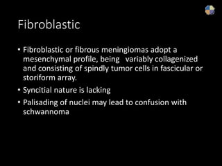 Fibroblastic
• Fibroblastic or fibrous meningiomas adopt a
mesenchymal profile, being variably collagenized
and consisting of spindly tumor cells in fascicular or
storiform array.
• Syncitial nature is lacking
• Palisading of nuclei may lead to confusion with
schwannoma
 