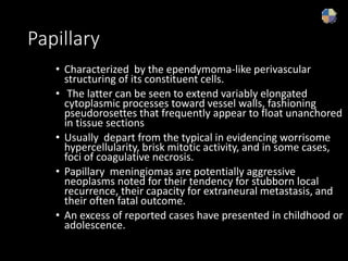 Papillary
• Characterized by the ependymoma-like perivascular
structuring of its constituent cells.
• The latter can be seen to extend variably elongated
cytoplasmic processes toward vessel walls, fashioning
pseudorosettes that frequently appear to float unanchored
in tissue sections
• Usually depart from the typical in evidencing worrisome
hypercellularity, brisk mitotic activity, and in some cases,
foci of coagulative necrosis.
• Papillary meningiomas are potentially aggressive
neoplasms noted for their tendency for stubborn local
recurrence, their capacity for extraneural metastasis, and
their often fatal outcome.
• An excess of reported cases have presented in childhood or
adolescence.
 